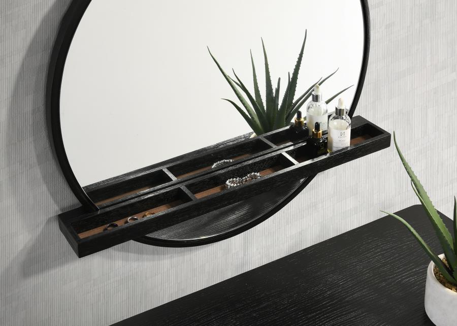 Arini Round Vanity Wall Mirror with Shelf Black view 4