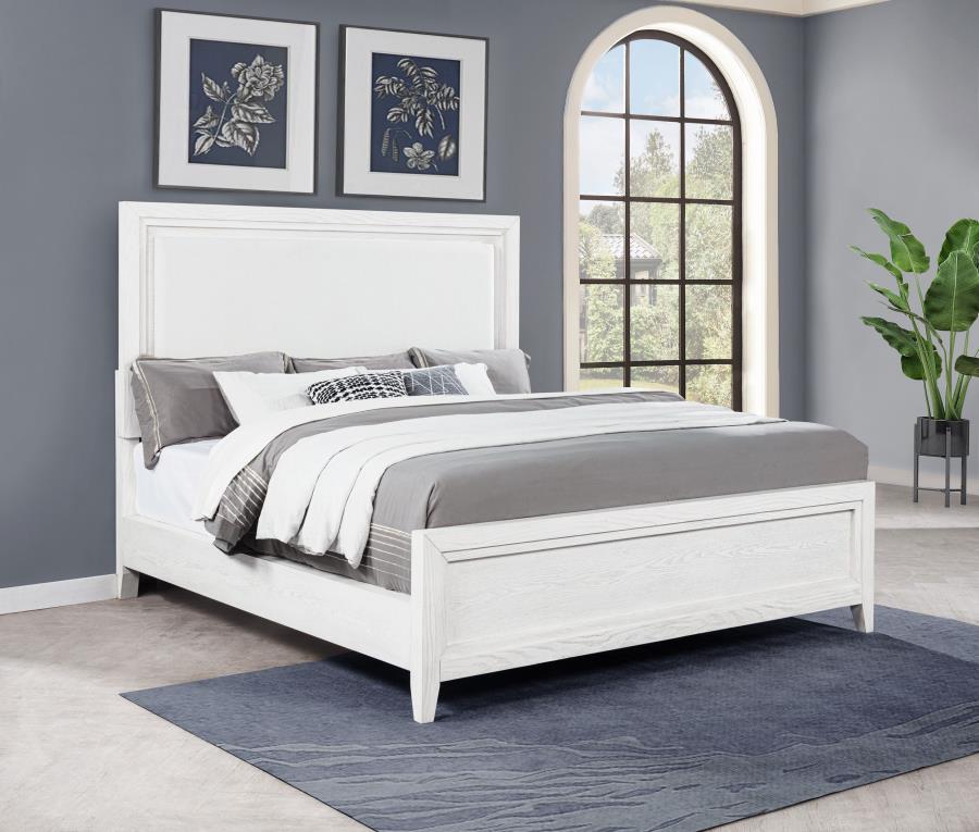 Marielle Eastern King Upholstered Panel Bed Distressed White view 2