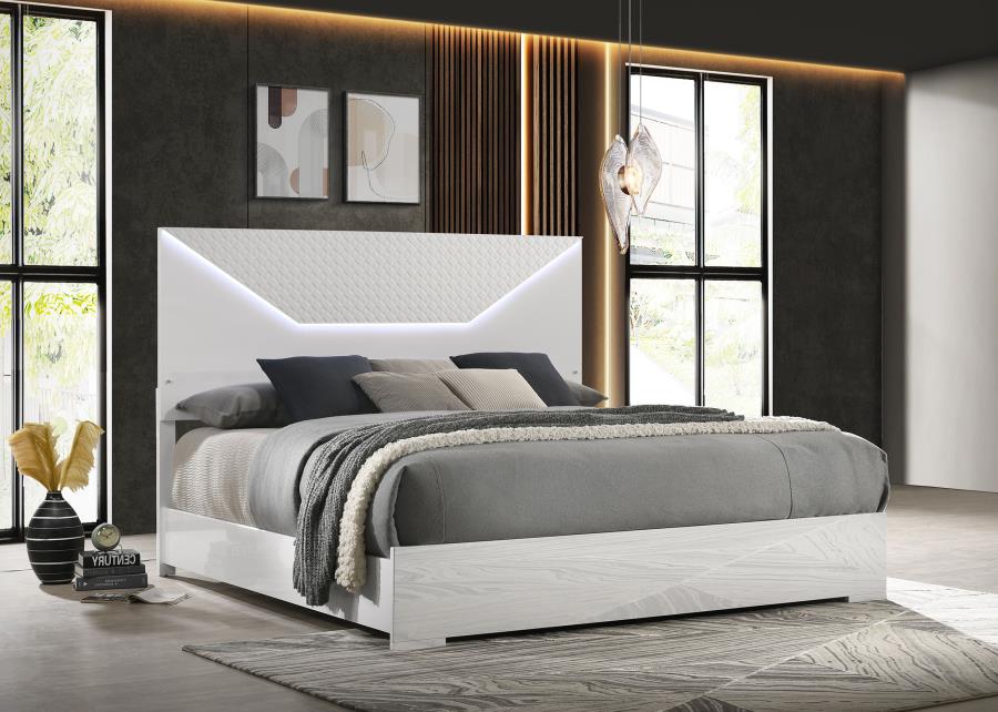 Ives Eastern King Panel Bed LED Headboard White High Gloss view 2