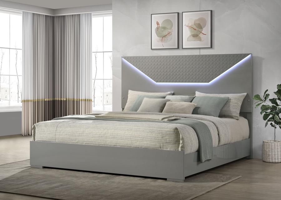 Ives Eastern King Panel Bed LED Headboard Grey High Gloss view 2