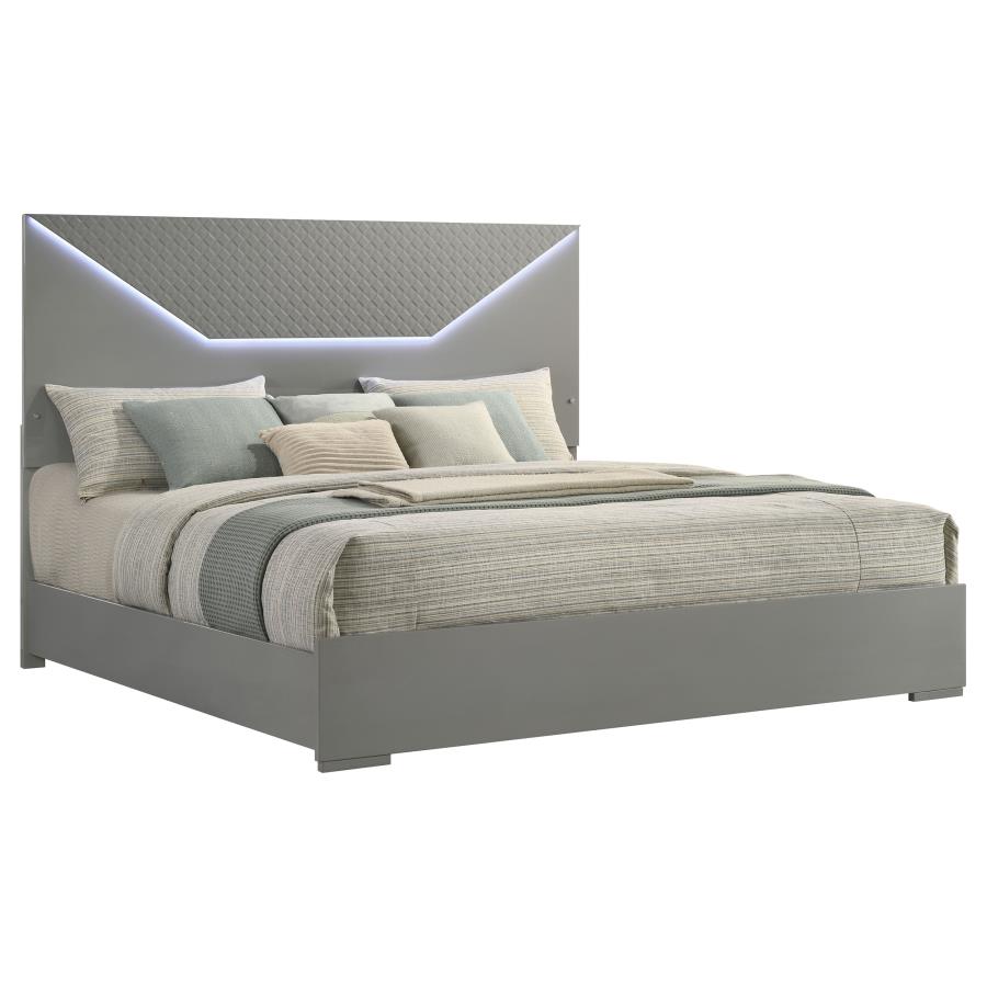 Ives Eastern King Panel Bed LED Headboard Grey High Gloss view 3