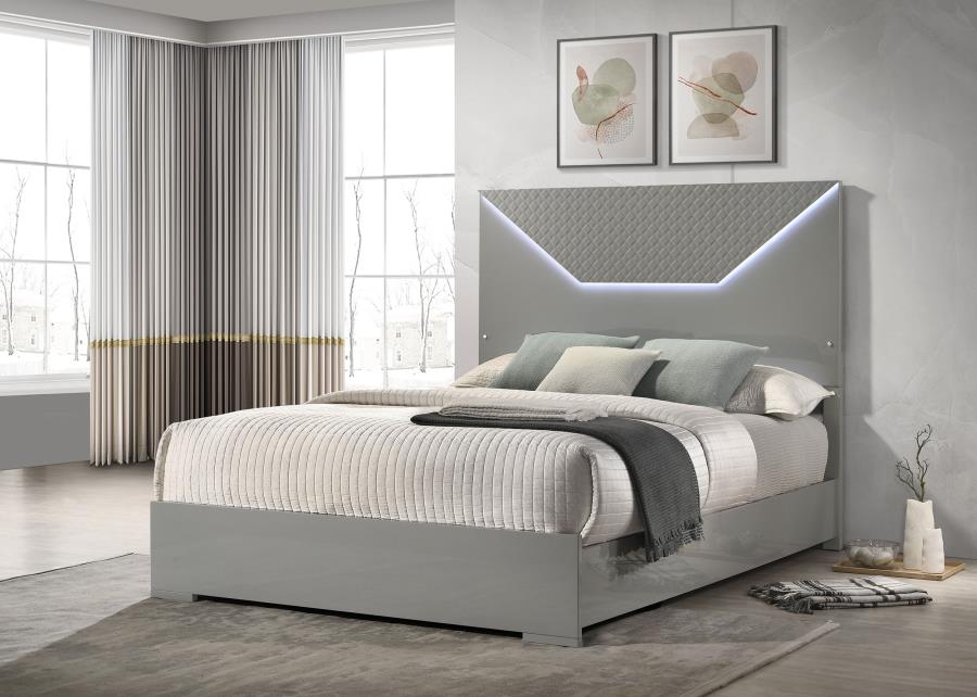 Ives Queen Panel Bed LED Headboard Grey High Gloss view 2