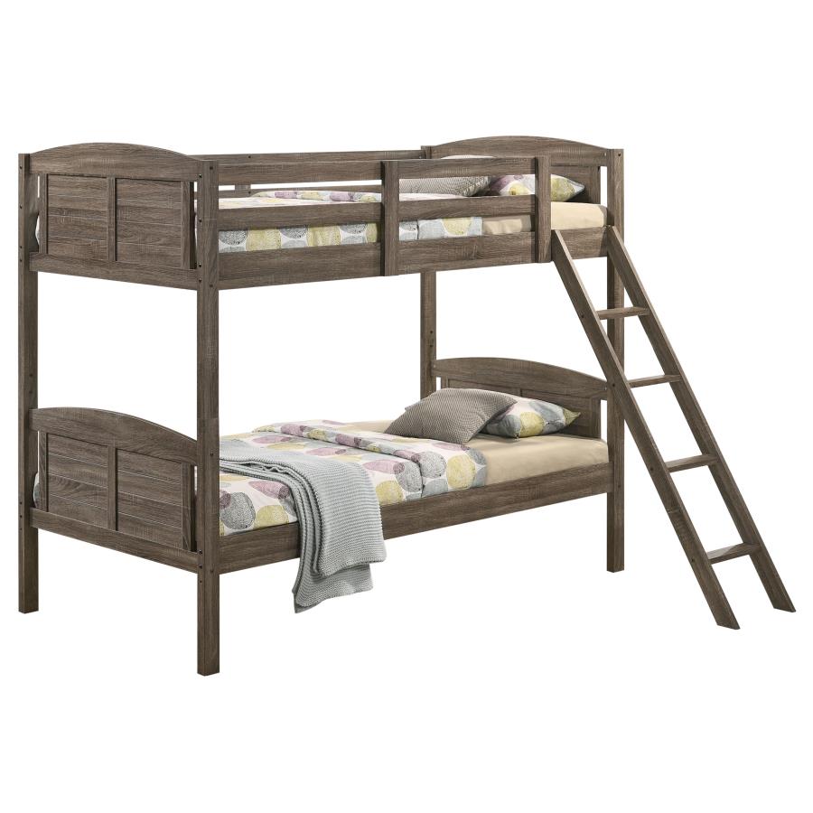 Flynn Wood Twin Over Twin Bunk Bed with Mattress Weathered Brown — Bedroom Furniture