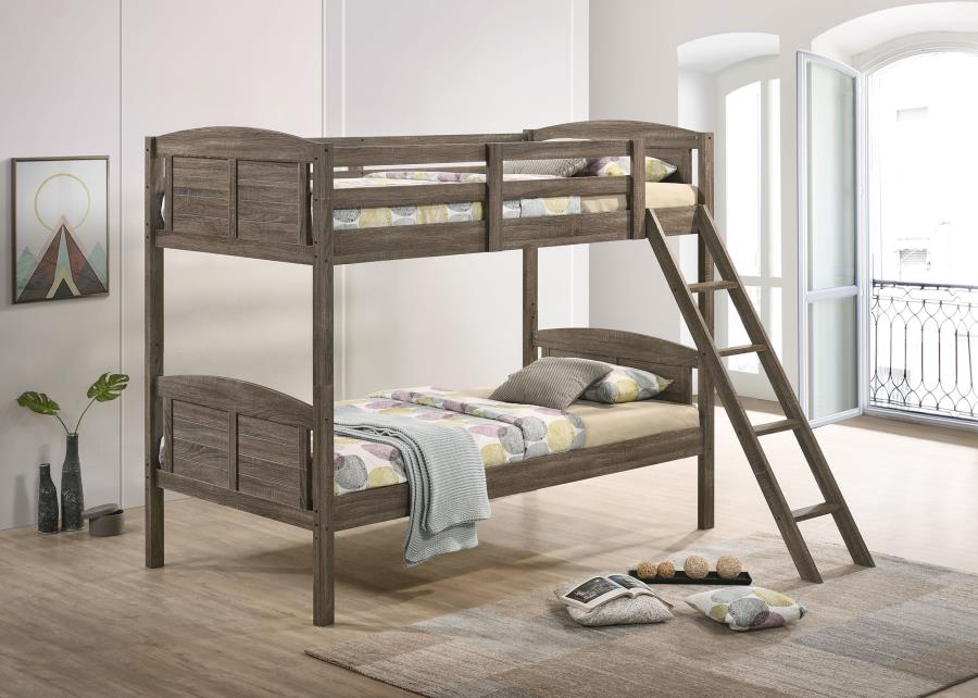 Flynn Wood Twin Over Twin Bunk Bed with Mattress Weathered Brown view 2