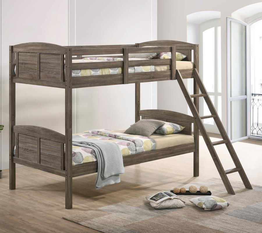 Flynn Wood Twin Over Twin Bunk Bed Weathered Brown view 2