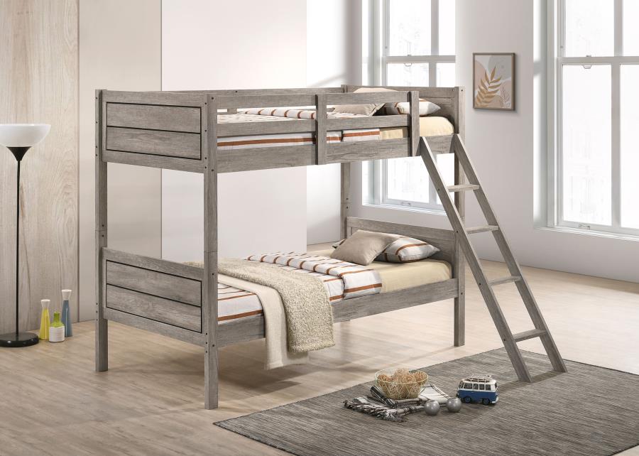 Ryder Wood Twin Over Twin Bunk Bed with Mattress Weathered Taupe view 2