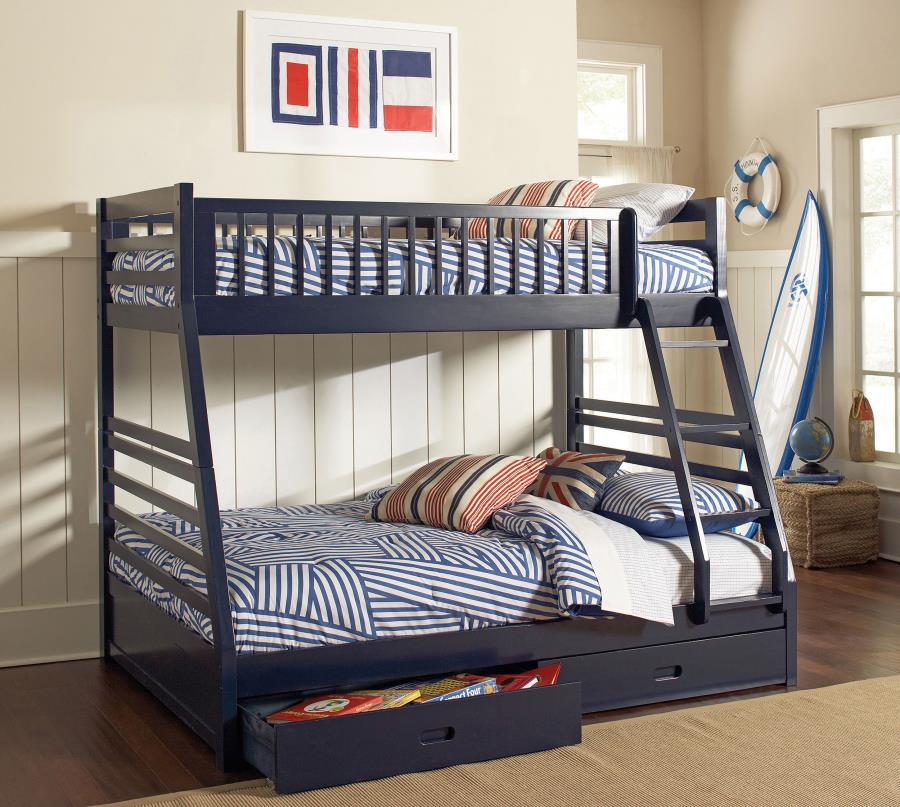 Ashton 2-drawer Wood Twin Over Full Bunk Bed Navy Blue view 2