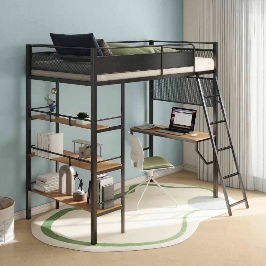 Campus 3-shelf Metal Twin Workstation Loft Bed Matte Black view 2