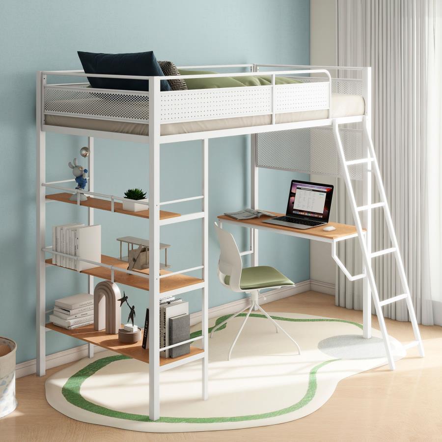 Campus 3-shelf Metal Twin Workstation Loft Bed Matte White view 2