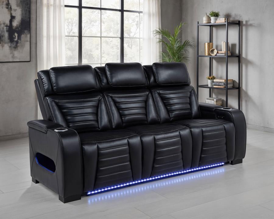 Zuma Faux Leather Dual Power Reclining LED Sofa Black view 2