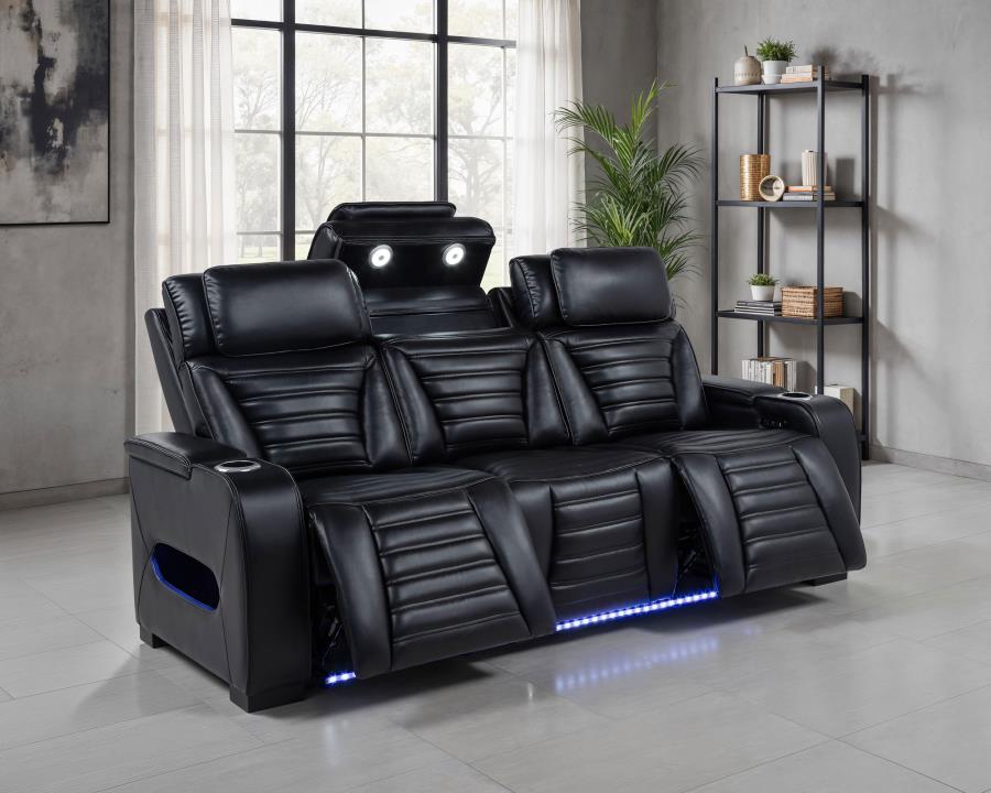 Zuma Faux Leather Dual Power Reclining LED Sofa Black view 3