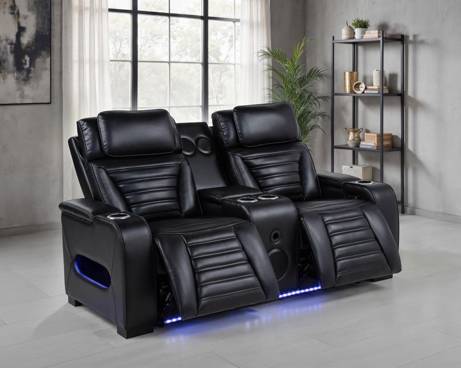 Zuma Faux Leather Dual Power Reclining LED Loveseat Black view 3