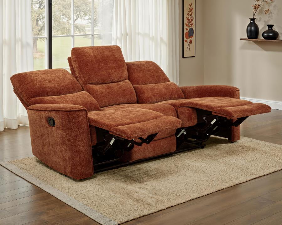 Navarro Chenille Upholstered Reclining Sofa Burnt Orange view 3