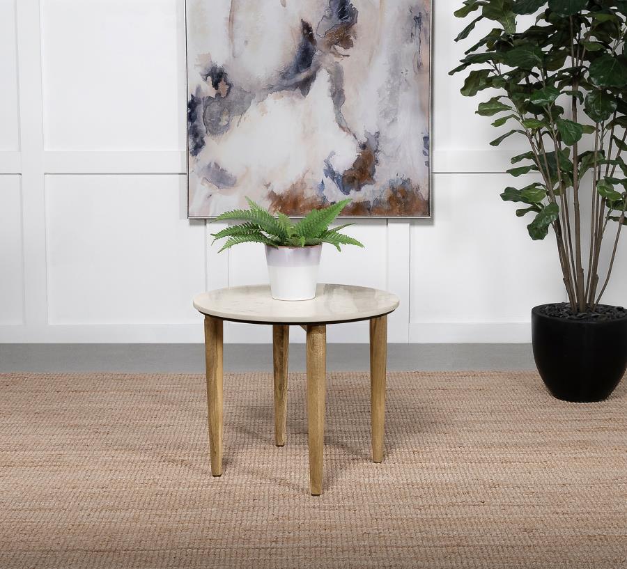 Aldis Round Marble Top Side End Table White and Natural view 2