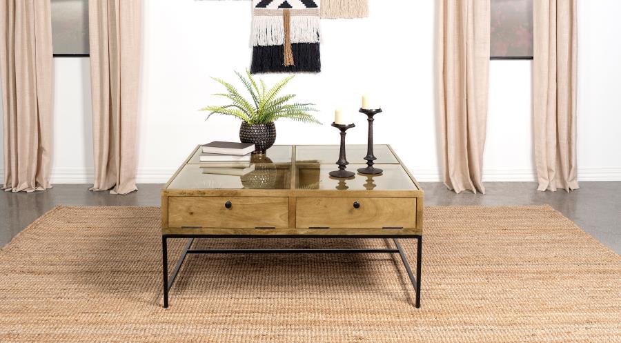 Stephie 4-drawer Square Glass Top Coffee Table Honey Brown view 2