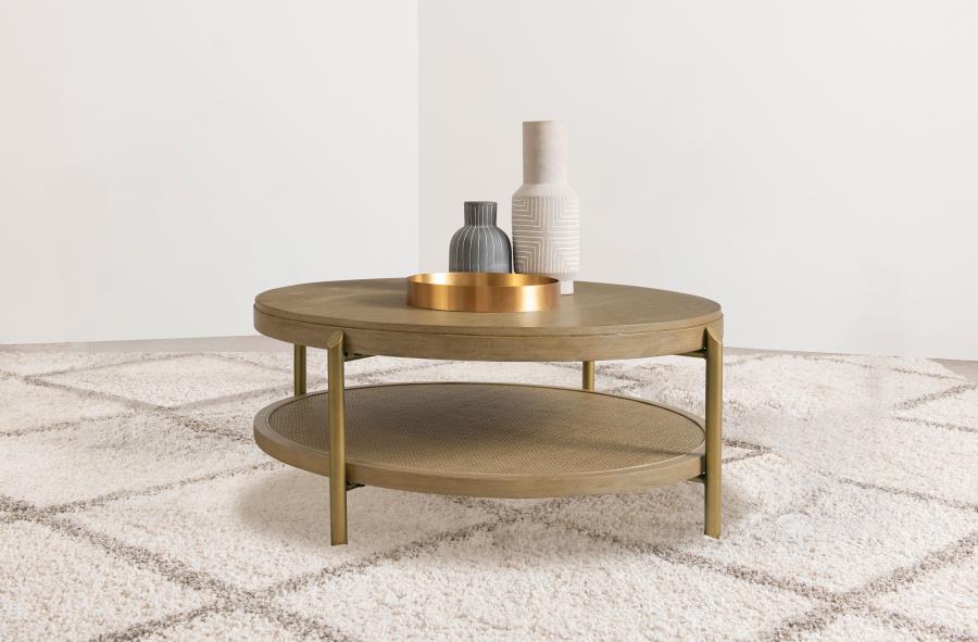 Arini Round Coffee Table With Storage Shelf Sand Wash view 2
