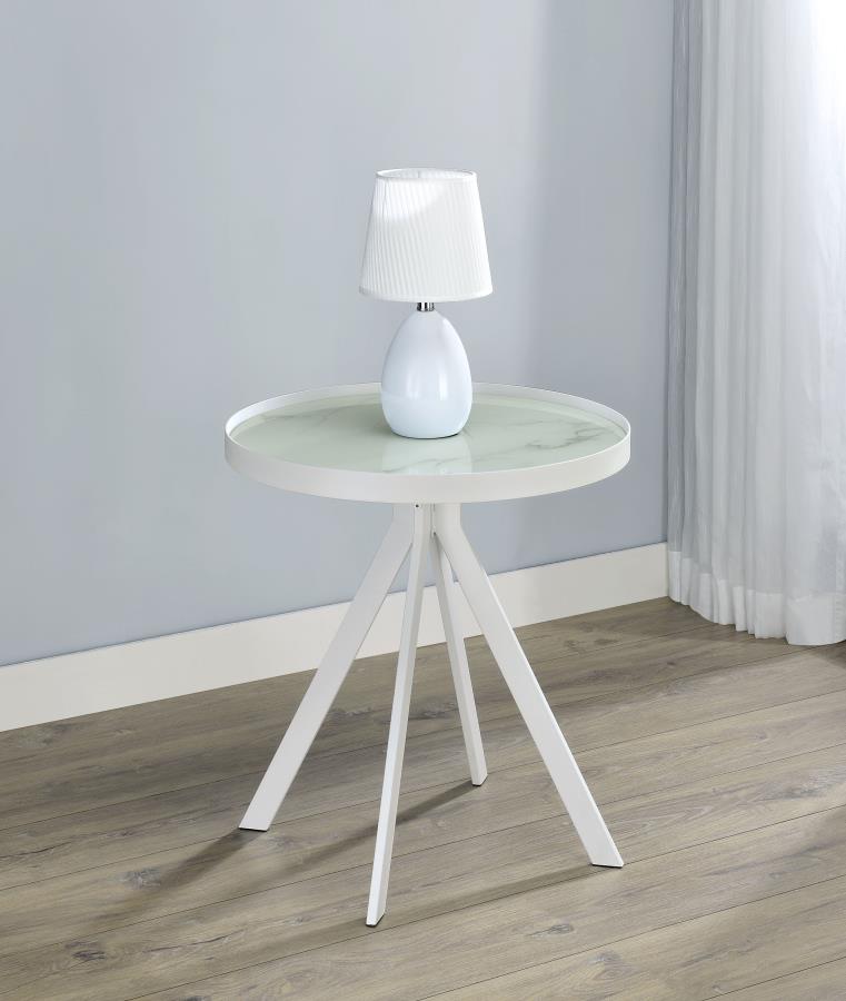 Briggs Round Marble Printed Glass Top End Side Table White view 2