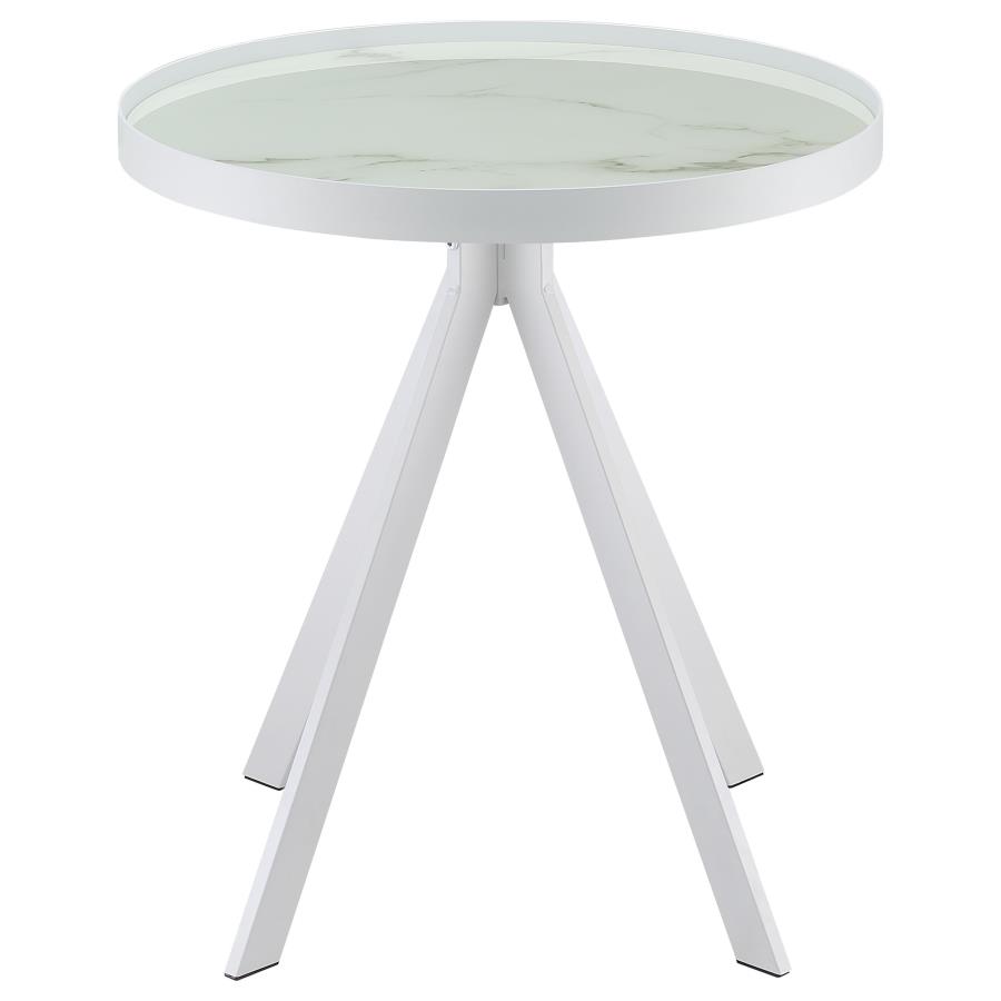 Briggs Round Marble Printed Glass Top End Side Table White view 3