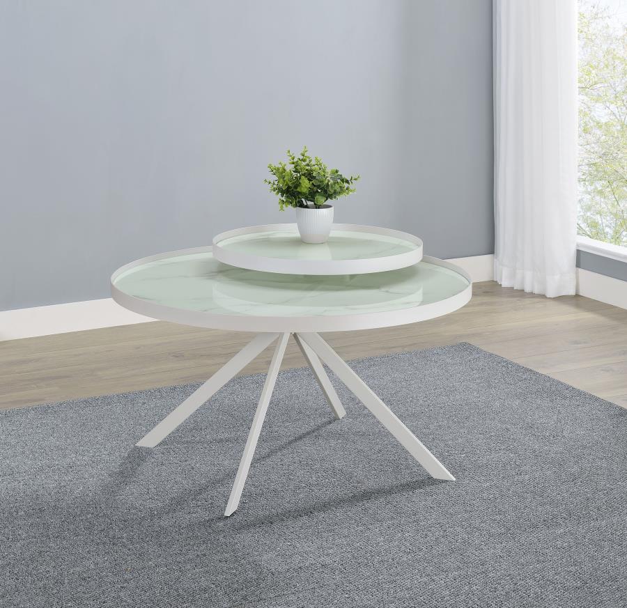 Briggs Round Marble Printed Glass Top Coffee Table White view 2