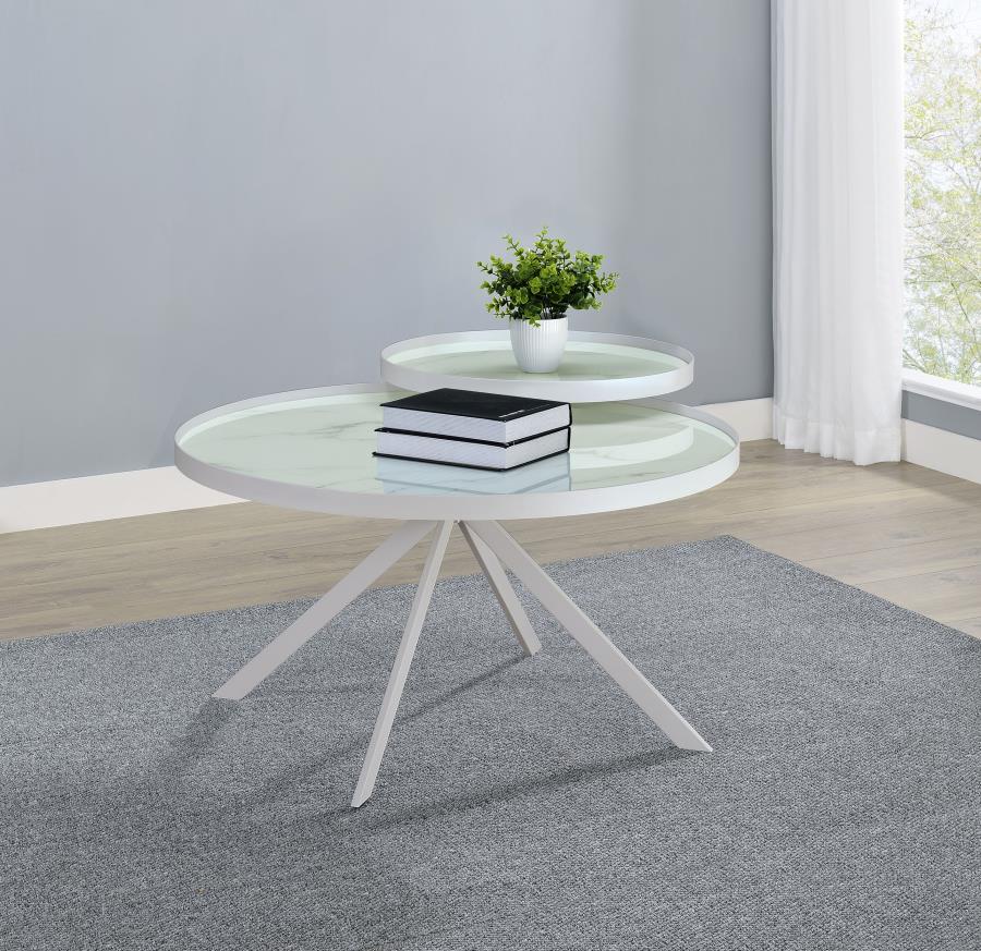 Briggs Round Marble Printed Glass Top Coffee Table White view 3