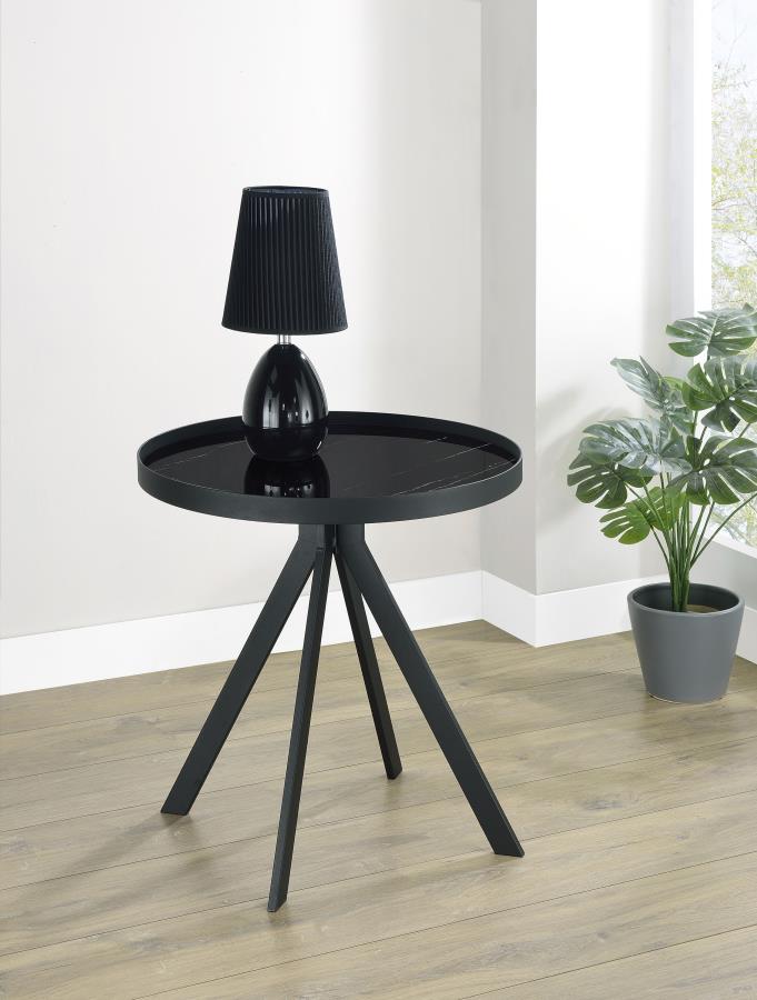 Briggs Round Marble Printed Glass Top End Table Black view 2