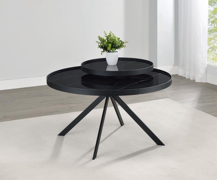 Briggs Round Marble Printed Glass Top Coffee Table Black view 2