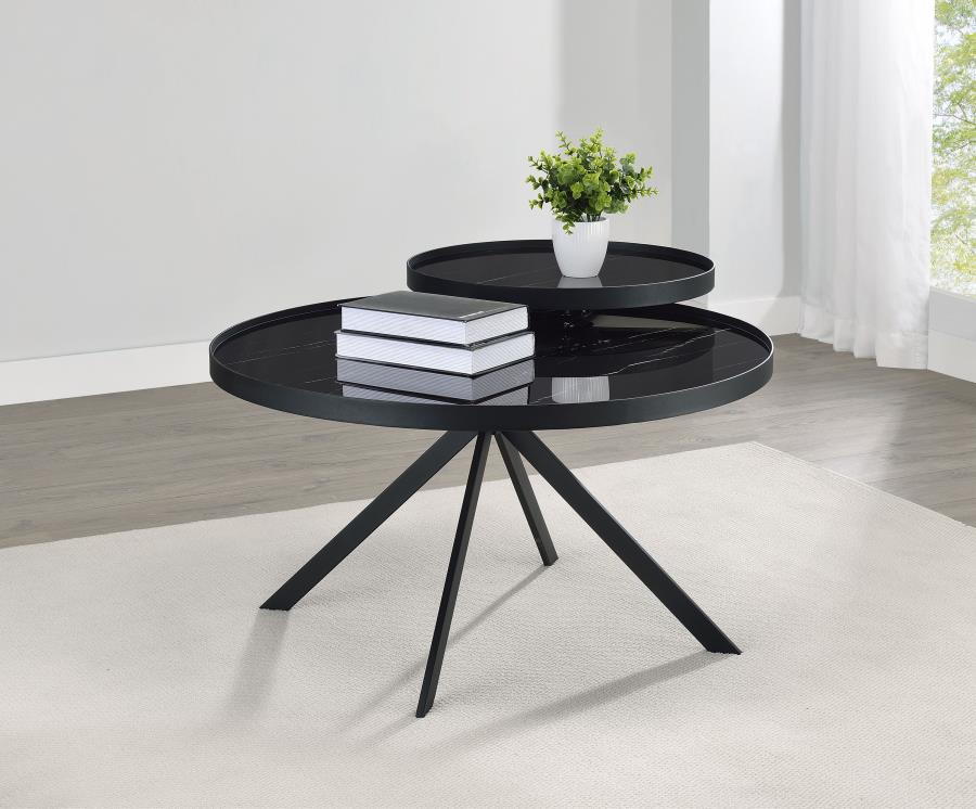 Briggs Round Marble Printed Glass Top Coffee Table Black view 3