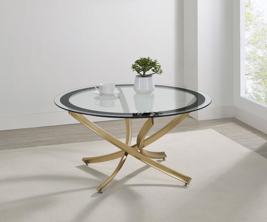 Brooke Round Glass Top Coffee Table Metal Base Brass view 2