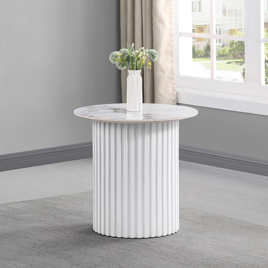 Rowena Round Sintered Stone End Table White Faux Marble view 2