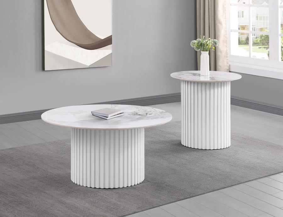 Rowena Round Sintered Stone End Table White Faux Marble view 5