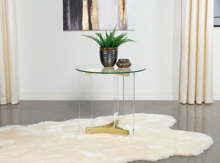 Janessa Round Glass Top Acrylic Leg End Table Matte Brass view 2