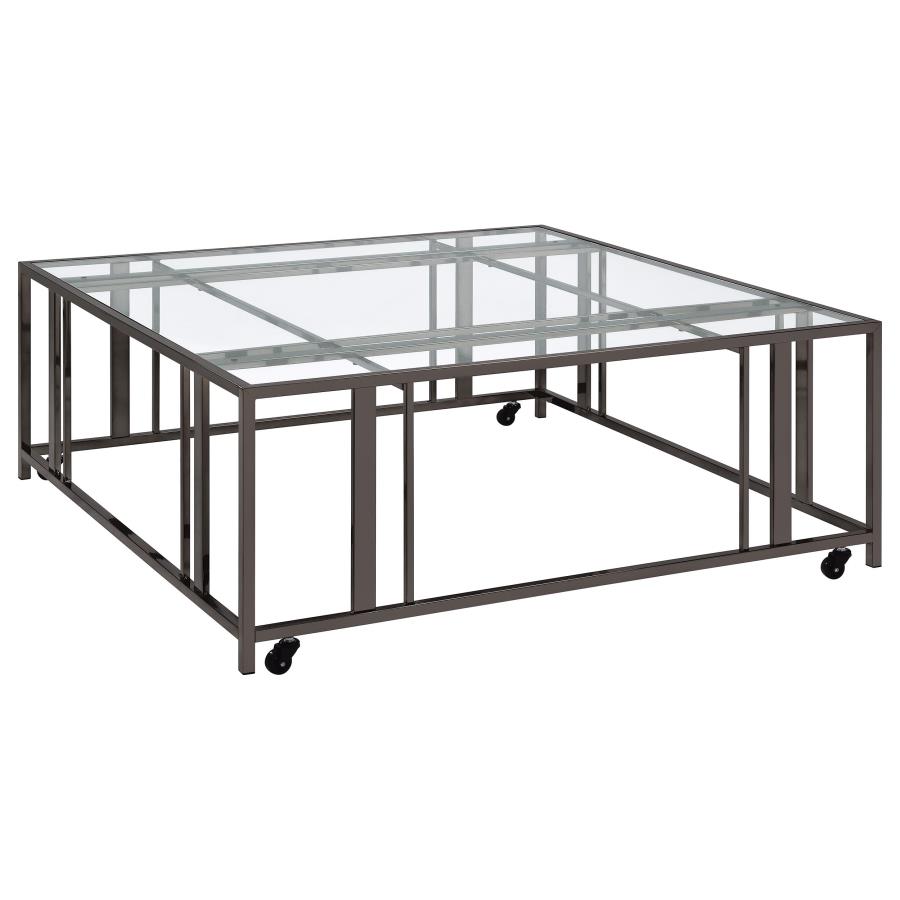 Adri Square Glass Top Coffee Table with Casters Black Nickel — Living Room Furniture