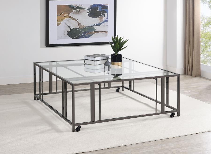 Adri Square Glass Top Coffee Table with Casters Black Nickel view 2