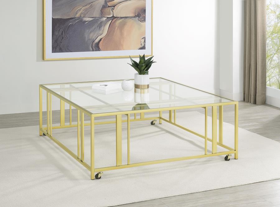 Adri Square Glass Top Coffee Table with Casters Matte Brass view 2