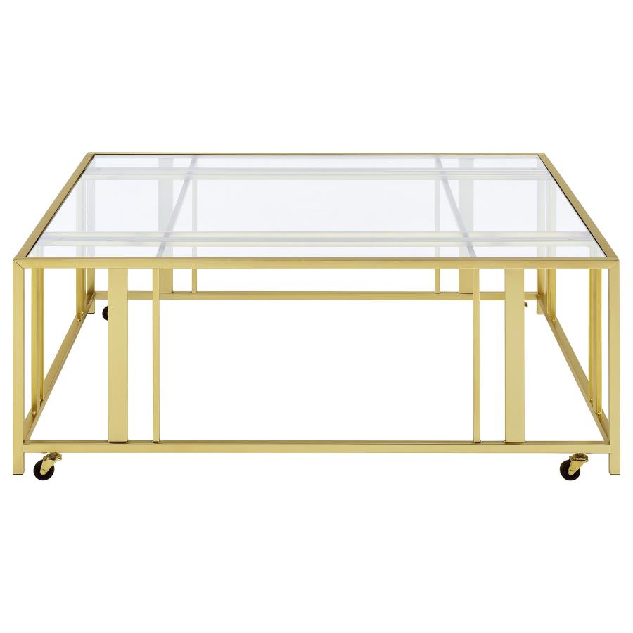 Adri Square Glass Top Coffee Table with Casters Matte Brass view 3