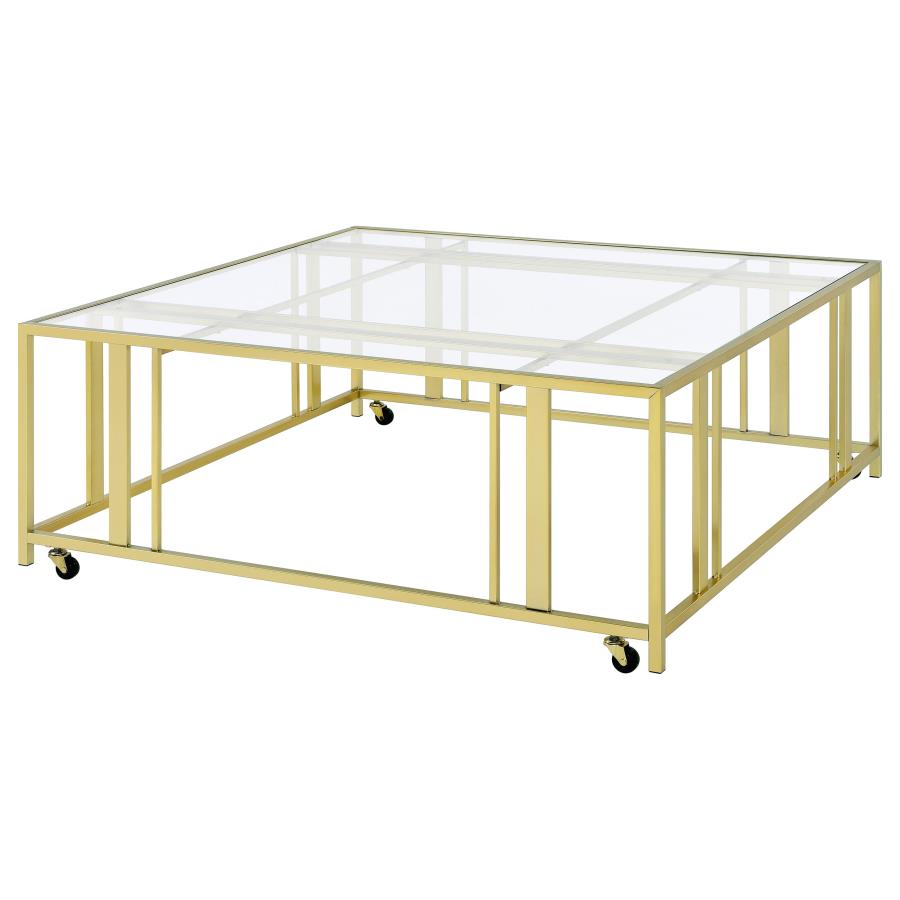 Adri Square Glass Top Coffee Table with Casters Matte Brass view 4