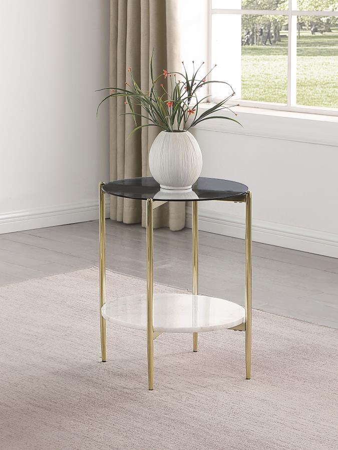 Jonelle Round Glass Top End Table White Marble Shelf Gold view 2