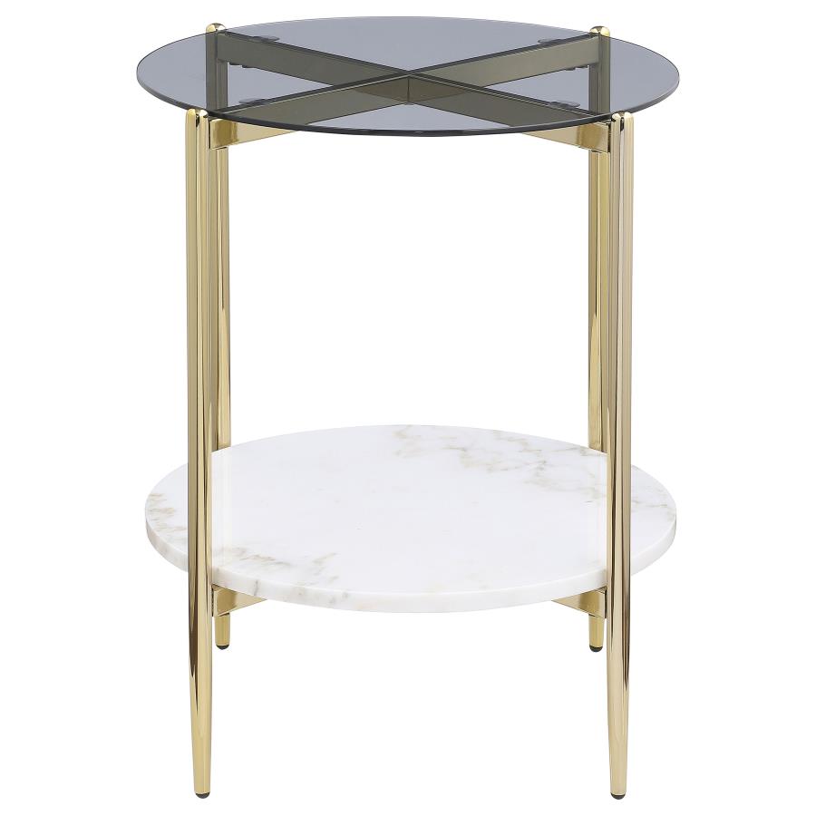 Jonelle Round Glass Top End Table White Marble Shelf Gold view 3