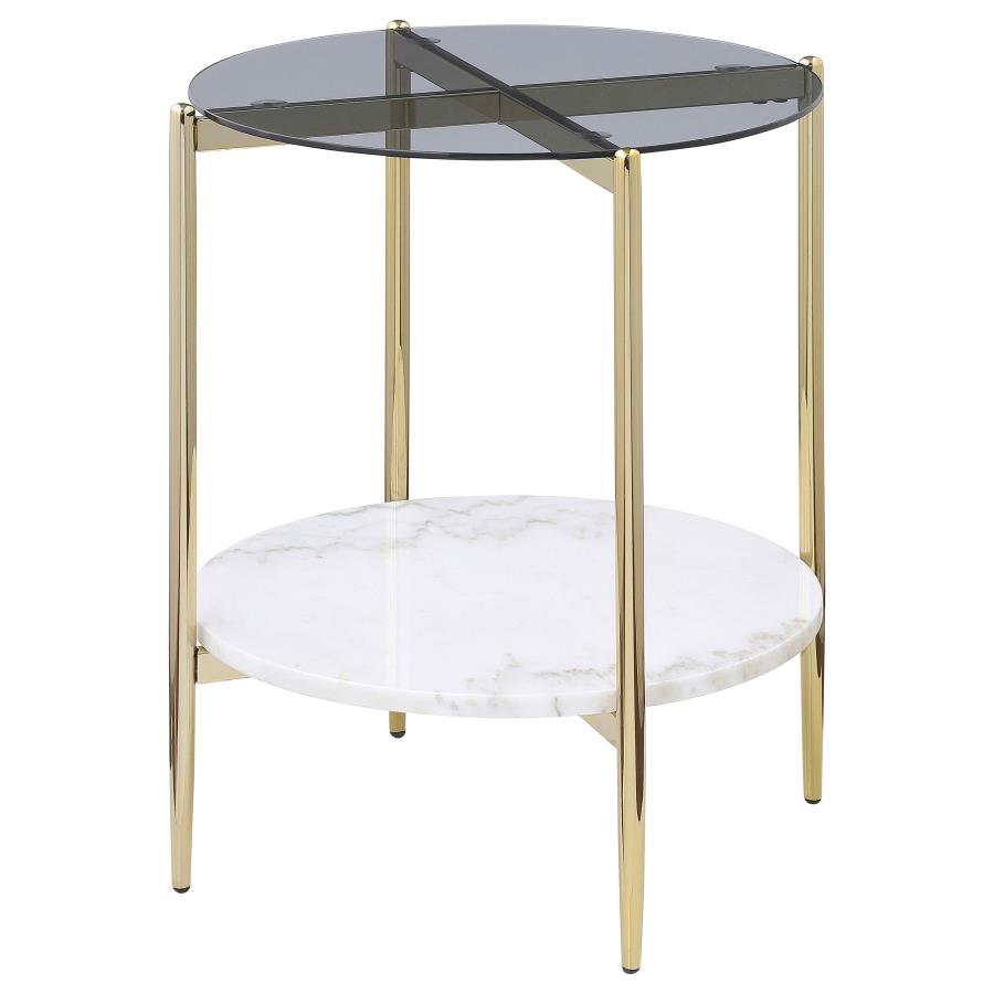 Jonelle Round Glass Top End Table White Marble Shelf Gold view 4