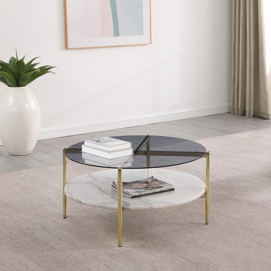 Jonelle Round Glass Top Coffee Table White Marble Shelf Gold view 2