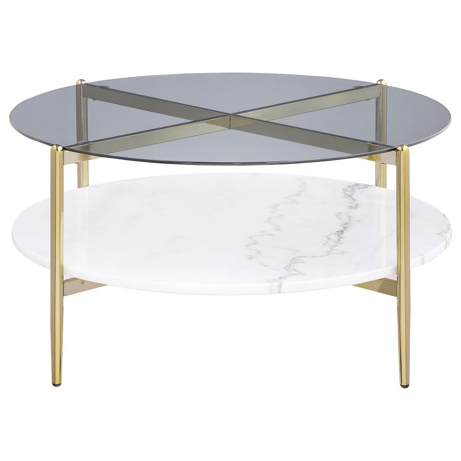 Jonelle Round Glass Top Coffee Table White Marble Shelf Gold view 3