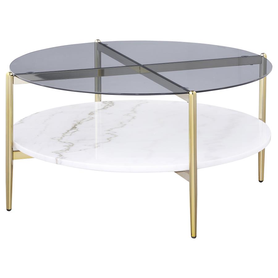 Jonelle Round Glass Top Coffee Table White Marble Shelf Gold view 4
