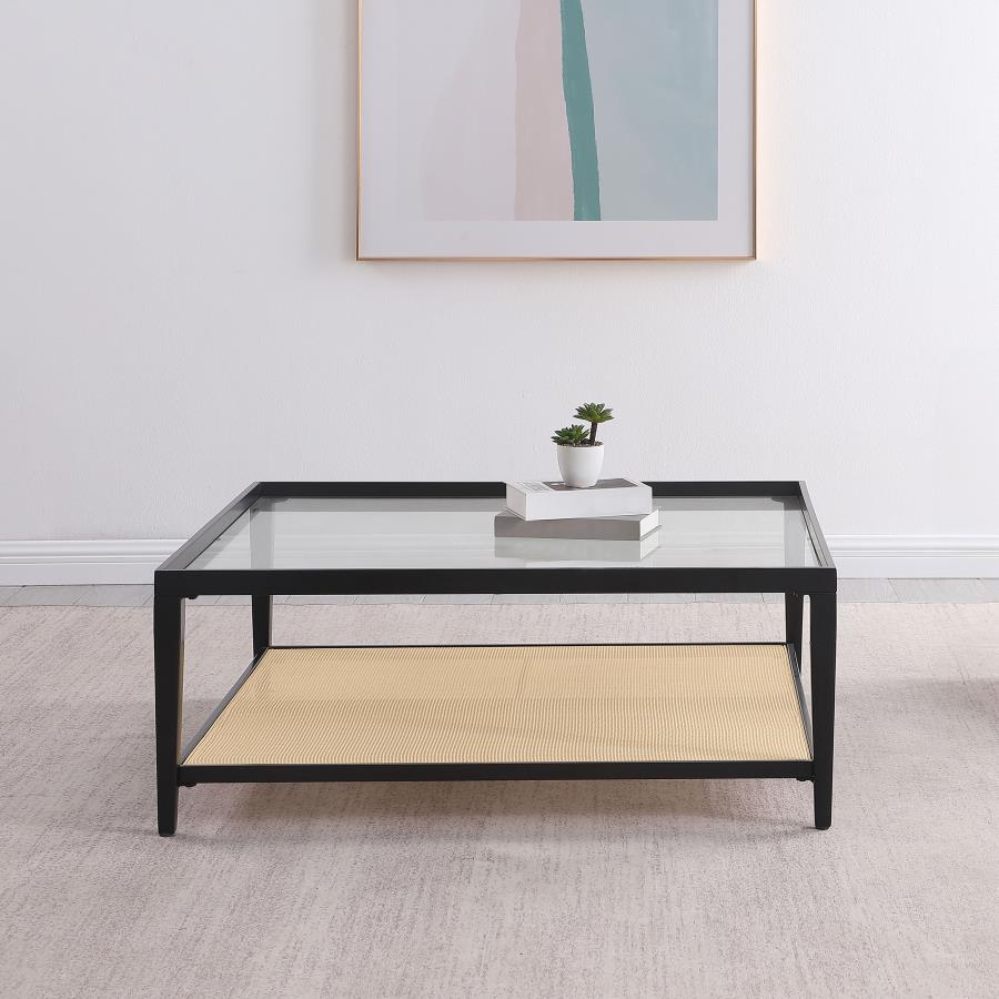 Amherst Glass Top Metal with Cane Shelf Coffee Table Black view 2