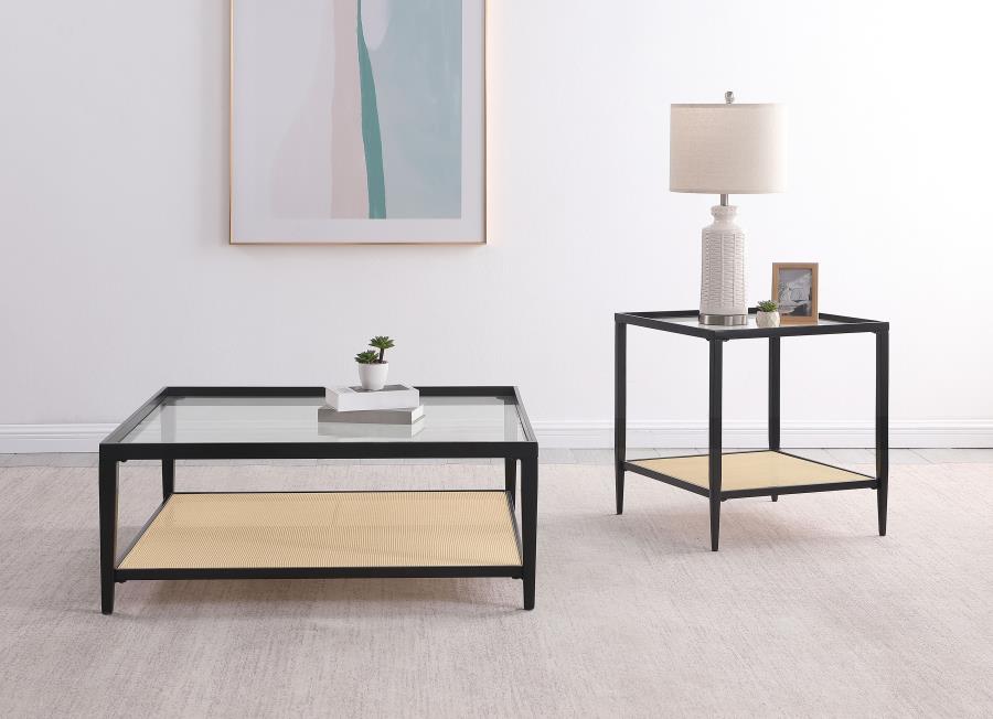 Amherst Glass Top Metal with Cane Shelf Coffee Table Black view 7