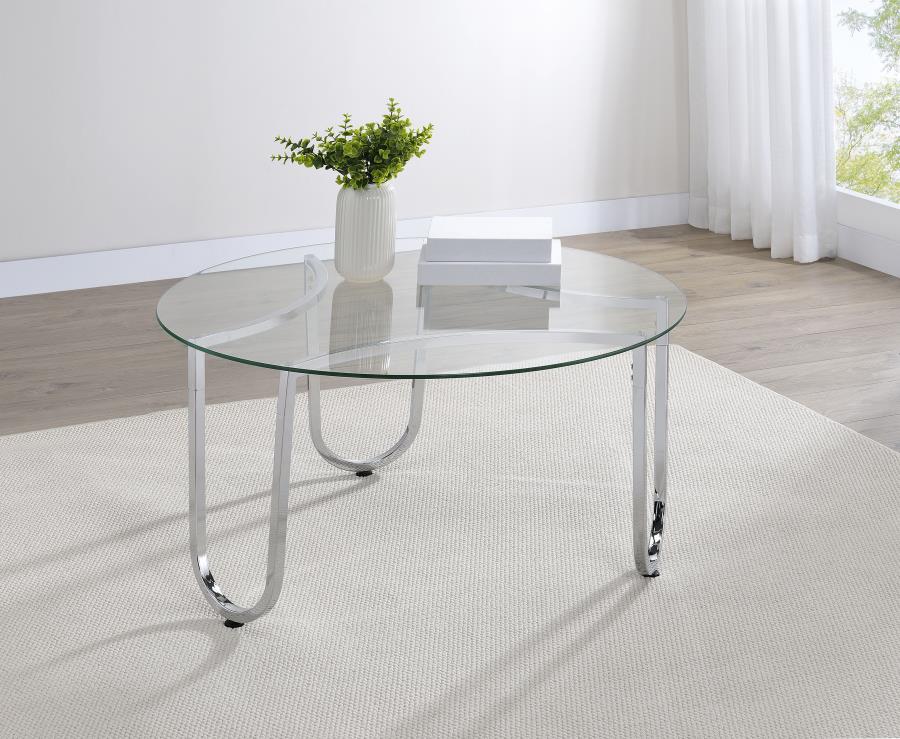 Beller Round Tempered Glass Top Cocktail Coffee Table Chrome view 2