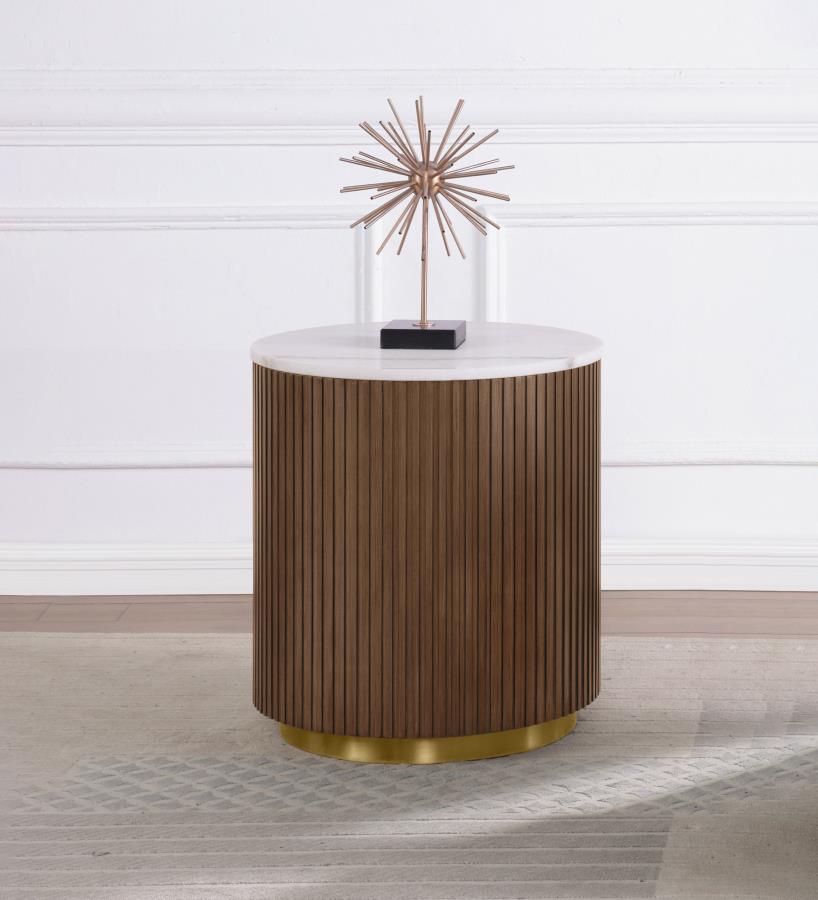 Jason Round White Marble Top Side End Table Honey Brown view 2