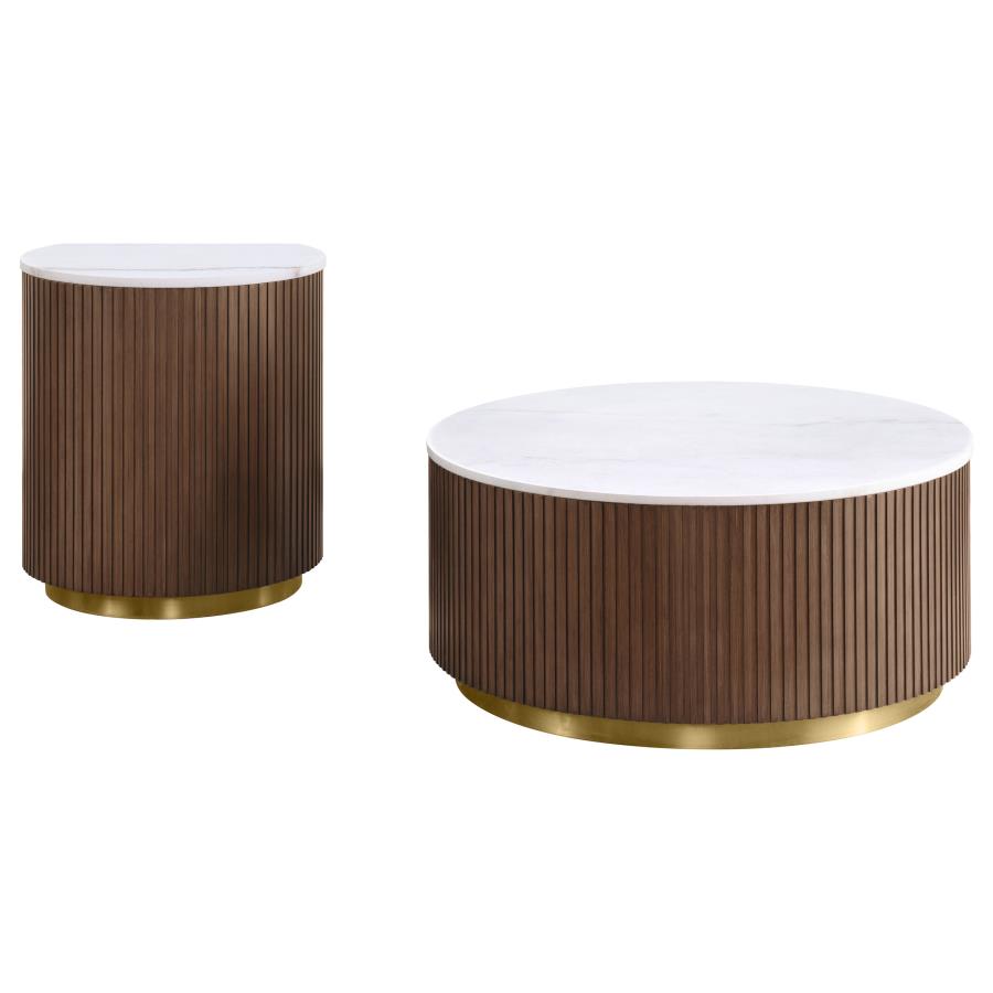 Jason 2-piece Round White Marble Coffee Table Set Honey Brown view 2