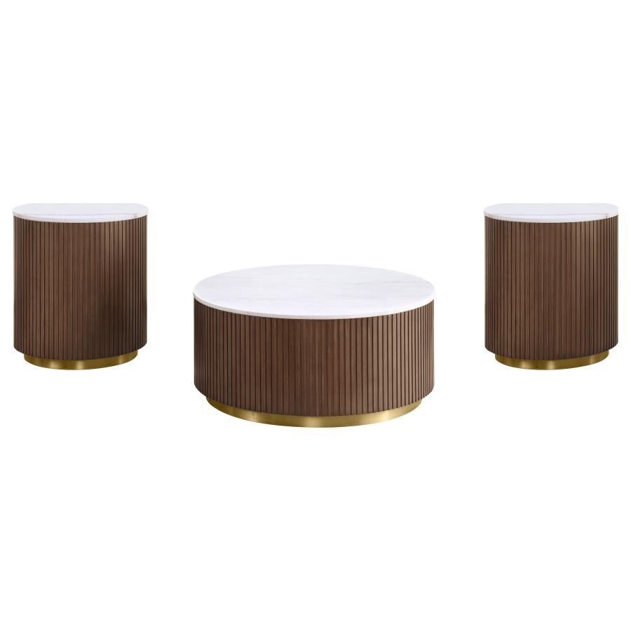 Jason 3-piece Round White Marble Coffee Table Set Honey Brown view 2