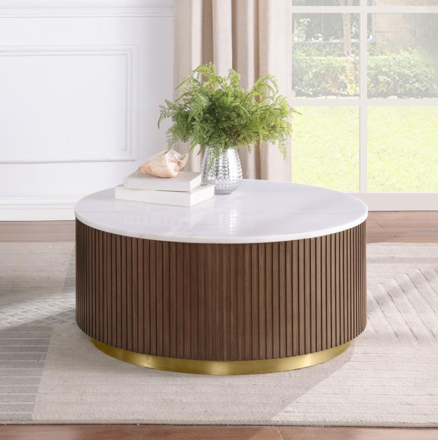 Jason Round White Marble Top Coffee Table Honey Brown view 2