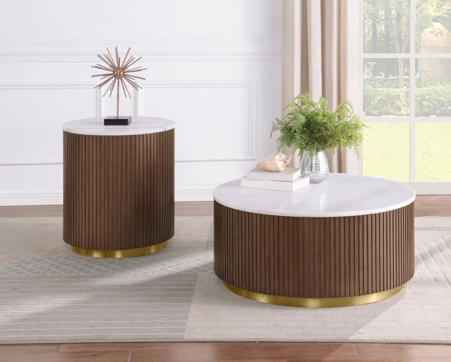 Jason Round White Marble Top Coffee Table Honey Brown view 7